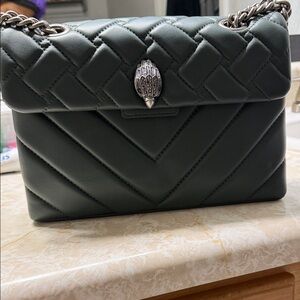 Quilted Deep Green Leather Shoulder Bag with Silver Chain